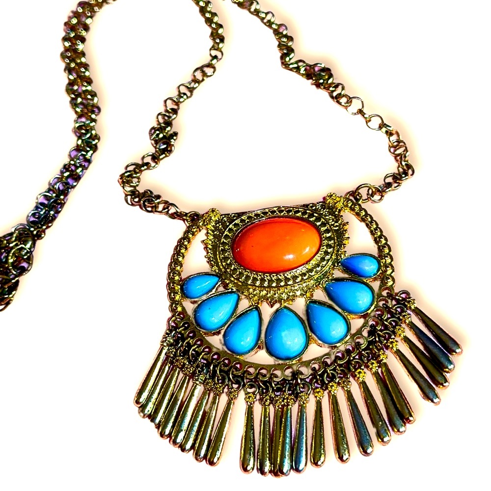Gold Tone Southwest Orange Turquoise Design Goldtone Fringe Pendant On A Chain